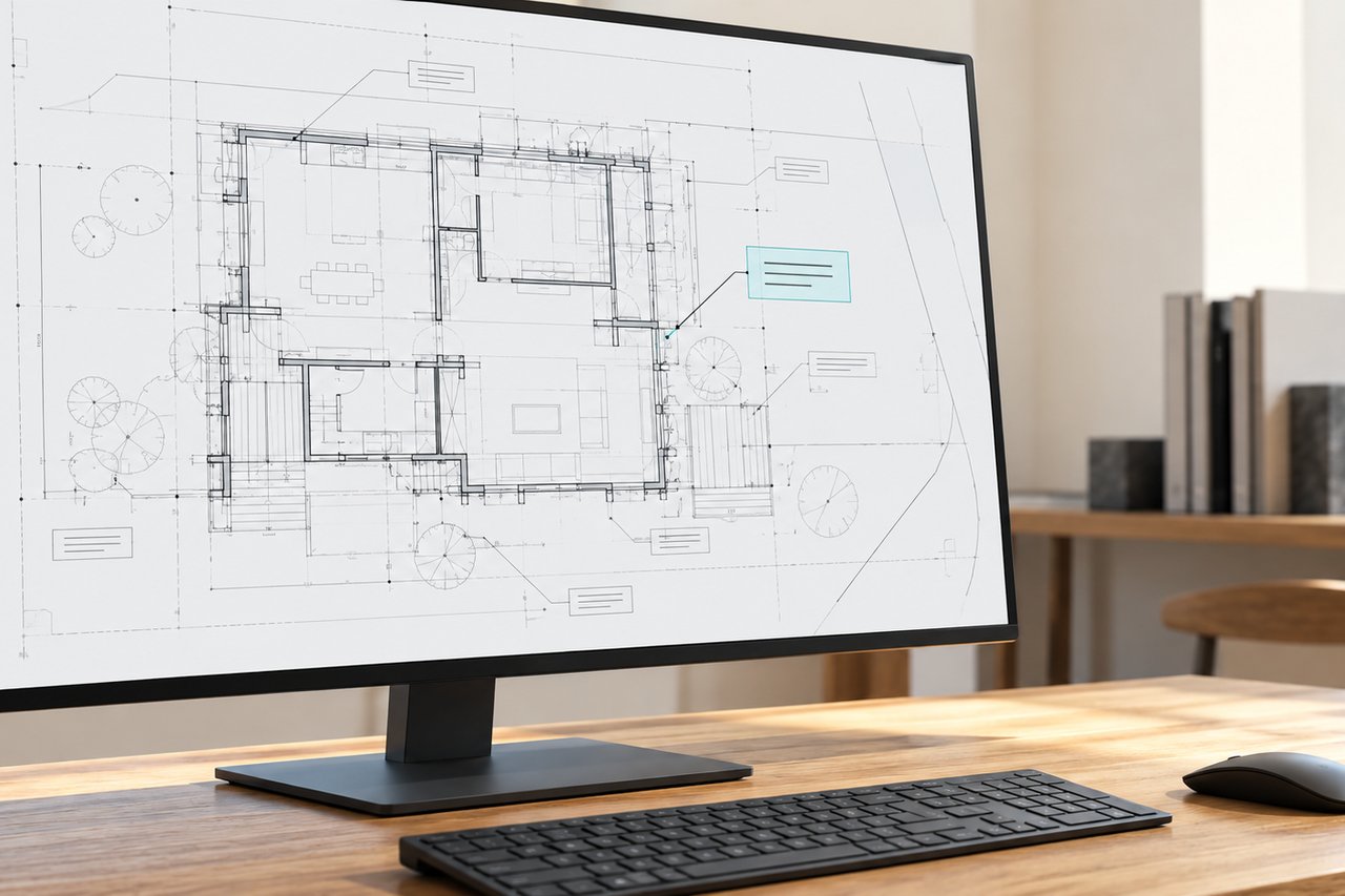 図面の注記を確認するCAD作業のイメージ
