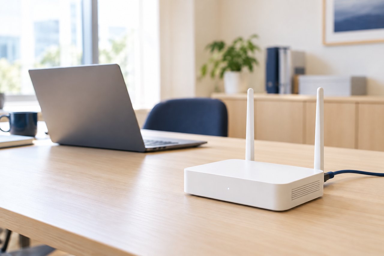 開けたデスクに置いたWi-Fiルーターとノートパソコンのイメージ